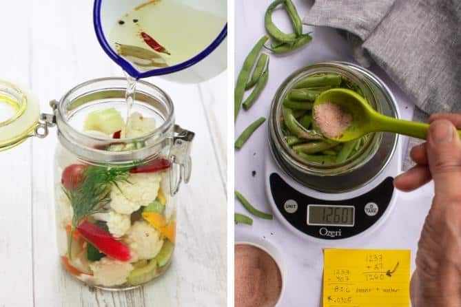 Image on the left is pouring hot, seasoned vinegar over an open jar of cauliflower to pickle. Image on the right is pouring a salty brine over a jar of pickled beans. | MakeSauerkraut.com
