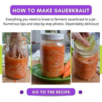 Three jars in a row: One with hand packing, finished jar of sauerkraut, and one with a cabbage leaf being added to it. | MakeSauerrkaut.com