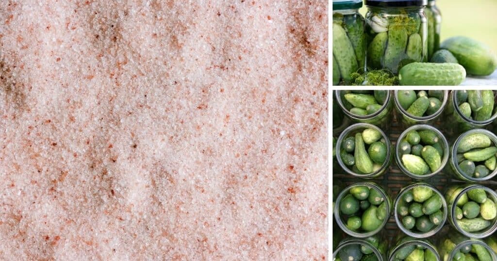 Pictures of salt, jars packed with cucumbers, and salt poured into jar. | MakeSauerkraut.com