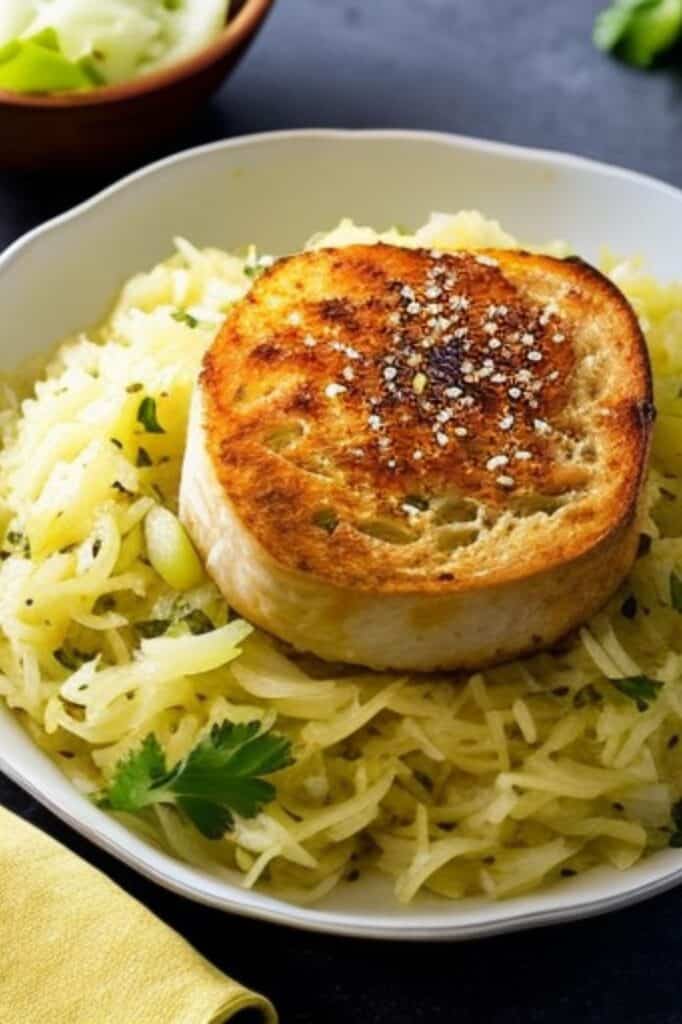 A bowl of sauerkraut top with a slice of bruschetta