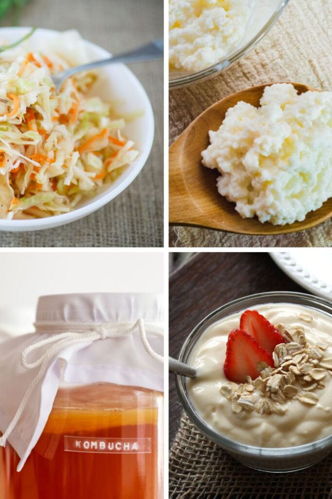 a collage of fermented foods like sauerkraut, kefir, kombucha, yogurt, and miso