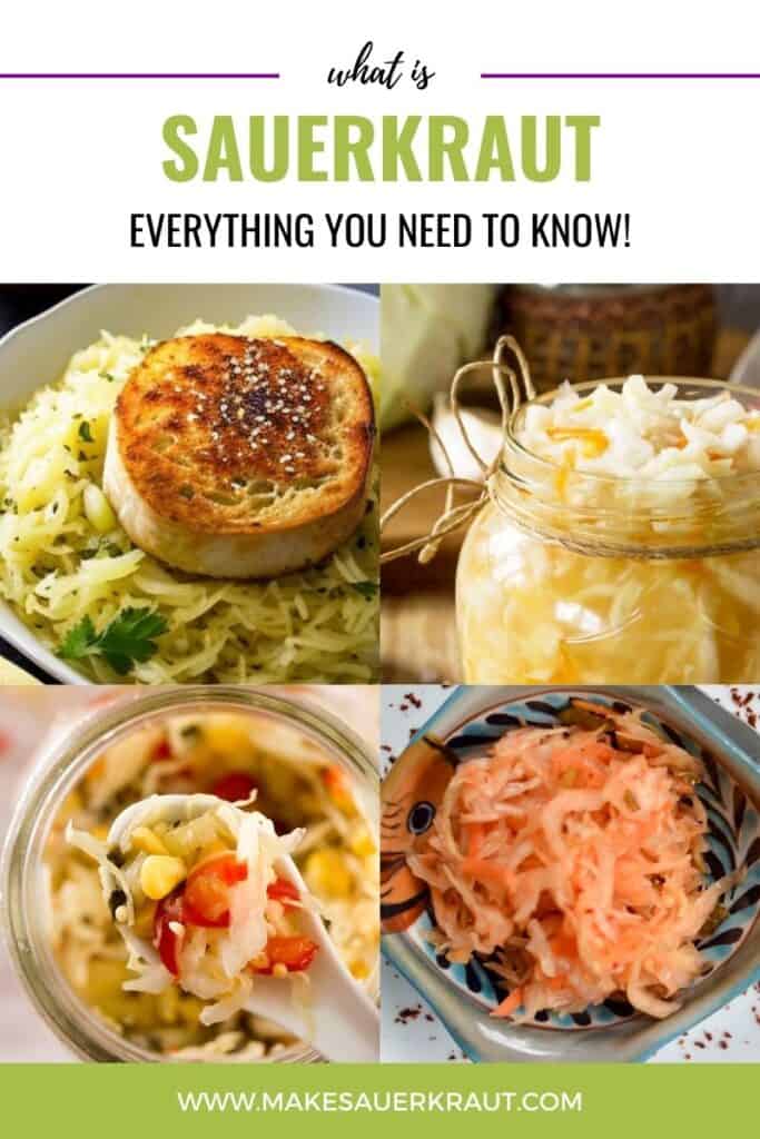 A photo collage of sauerkraut meals with text overlay what is sauerkraut everything you need to know. | MakeSauerkraut.com