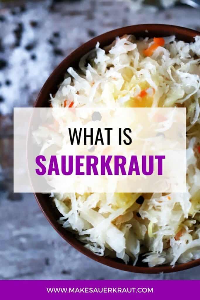 A bowl of homemade sauerkraut with text overlay what is sauerkraut. | MakeSauerkraut.com