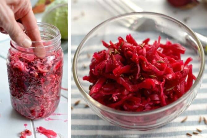 Packing jar with red beet sauerkraut and bowl of finished sauerkraut. | makesauerkraut.com