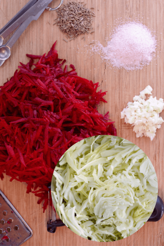 Shredded beets, caraway seeds, salt, minced garlic, and sliced cabbage. | MakeSauerkraut.com