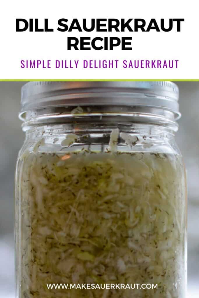 A jar of fermented dill sauerkraut recipe with text overlay Dill Sauerkraut Recipe Simple Dilly Delight Sauerkraut. Makesauerkraut.com