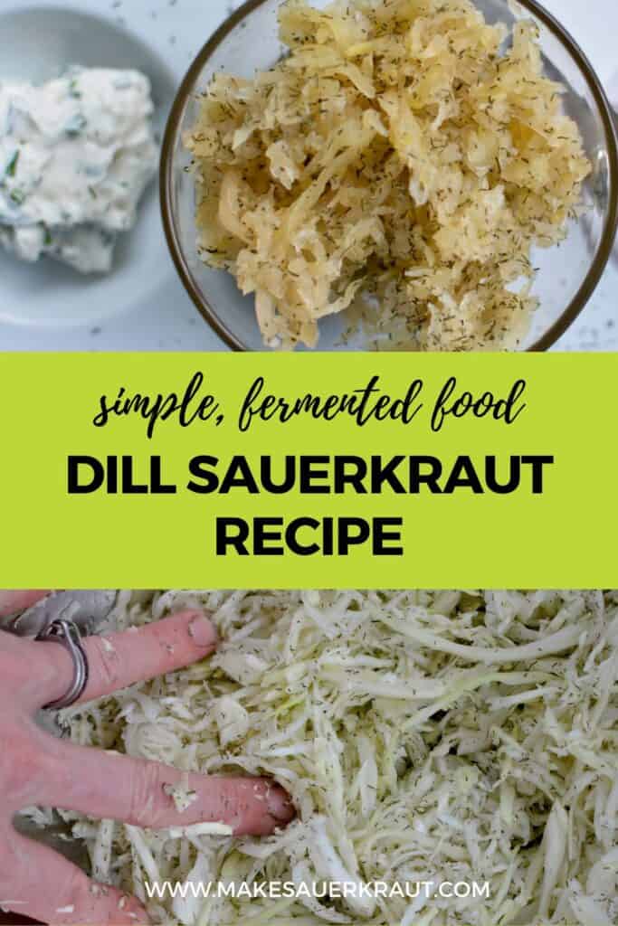 Before and after photos of dill sauerkraut recipe with text overlay Simple, Fermented Food Dill Sauerkraut Recipe. Makesauerkraut.com