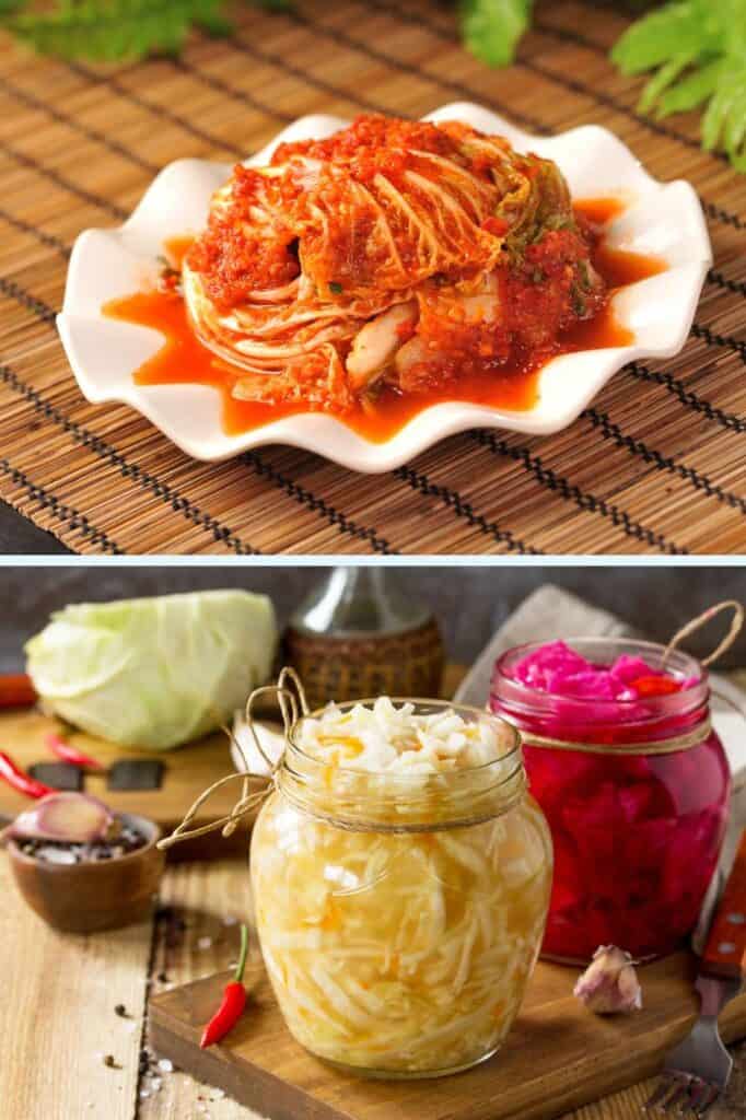 A plate of kimchi on a bamboo mat and two jars of sauerkraut. | MakeSauerkraut.com