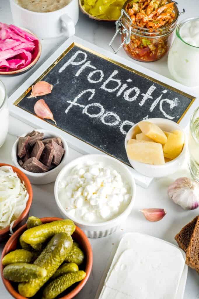 Dishes of pickles, yogurt, sauerkraut, kimchi, with a sign for Probiotic Foods. | MakeSauerkraut.com