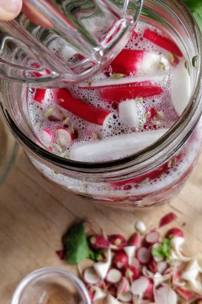 Glass weight placed into jar of radishes prepared for fermentaiton. | MakeSauerkraut.com