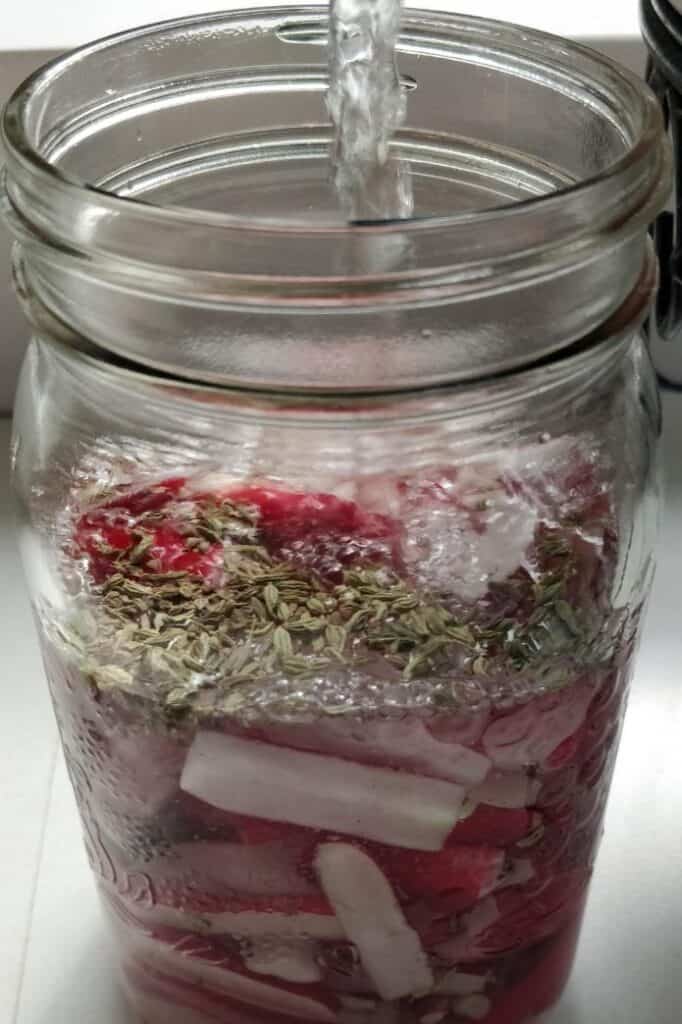 Water being poured into jar packed with radishes. | MakeSauerkraut.com