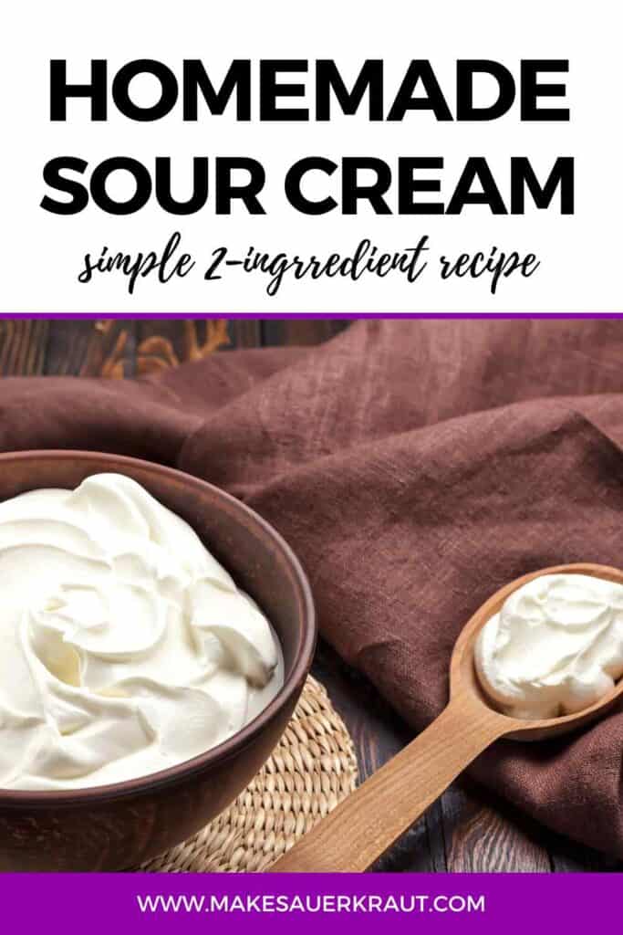 Homemade sour cream in a wooden bowl and wooden spoon. | MakeSauerkraut.com