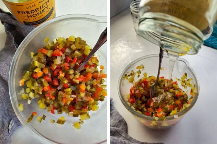 Left Image: A bowl of pickled relish beside a bottle of honet. Right Image: Pouring honey on a cup of pickle relish. | MakeSauerkraut.com