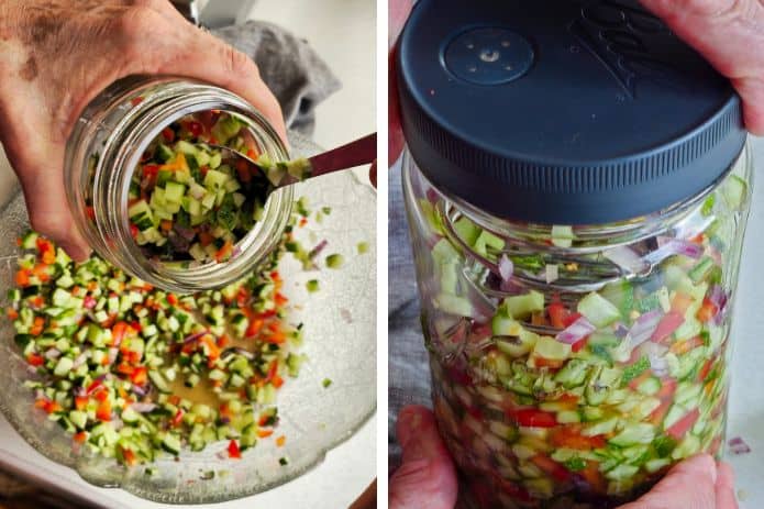 Left Image: Chopped cucumber, tomatoes and onions. Right Image: Chopped vegetables on a scale. | MakeSauerkraut.com