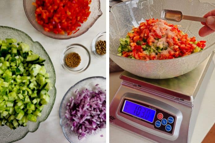 Left Image: Chopped cucumber, tomatoes and onions. Right Image: Chopped vegetables on a scale. | MakeSauerkraut.com