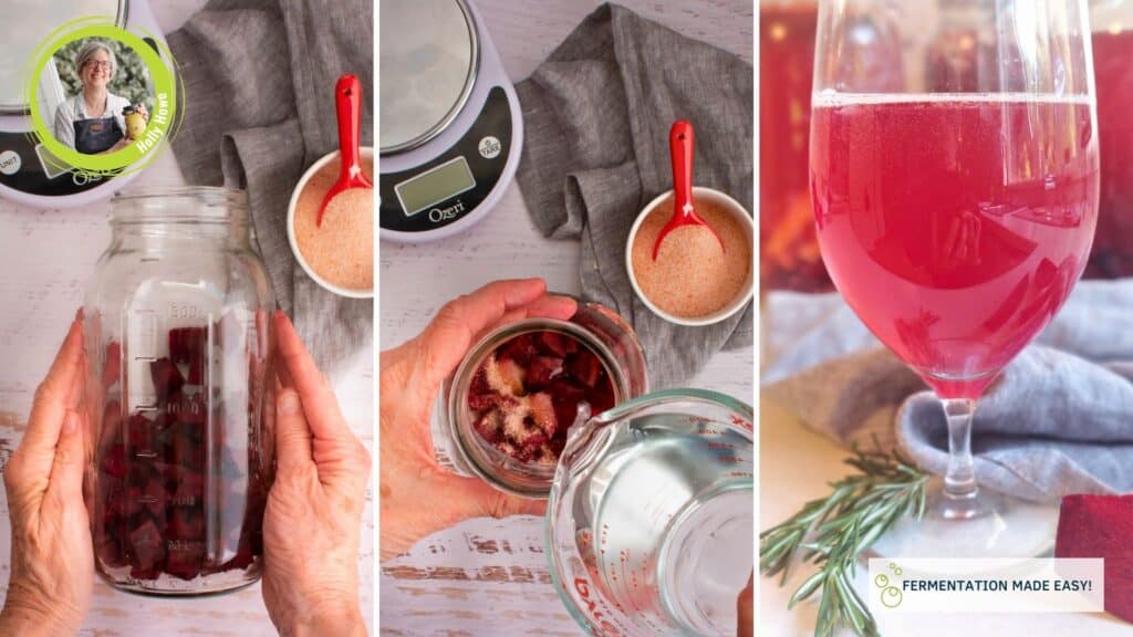 A three grid image showing process of making beet kvass (beets in a jar, adding sugar and beet kvass).  | MakeSauerkraut.com