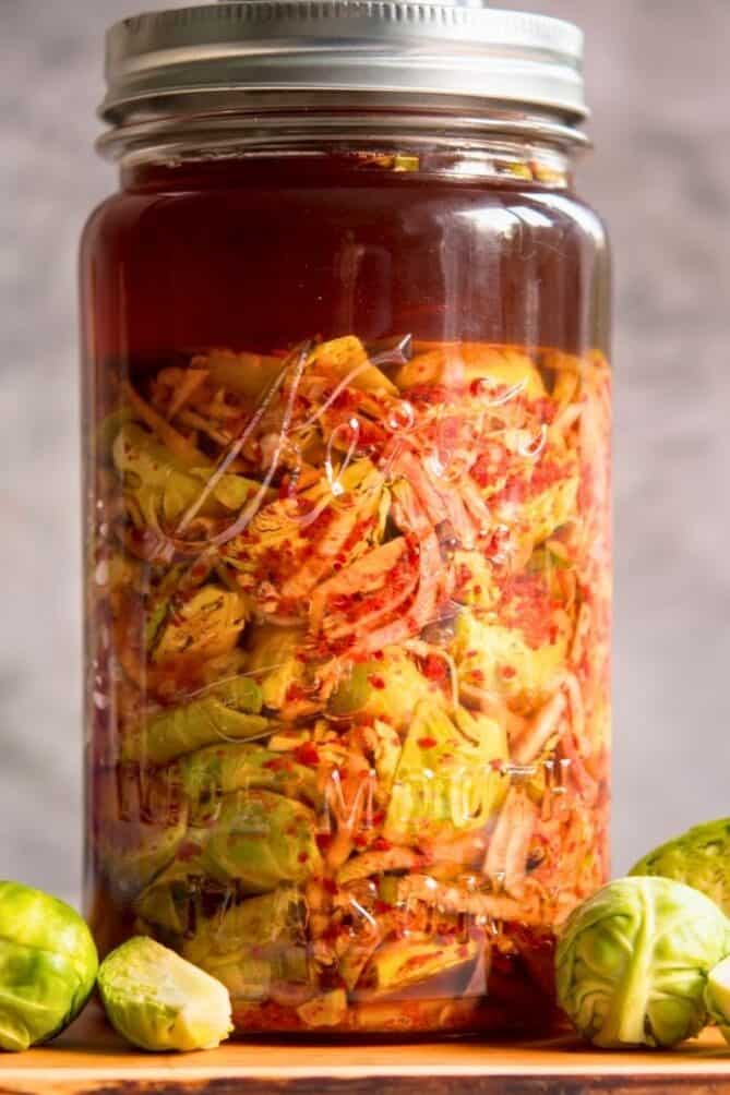 Jar of brussels sprout Kimchi. | makesauerkraut.com