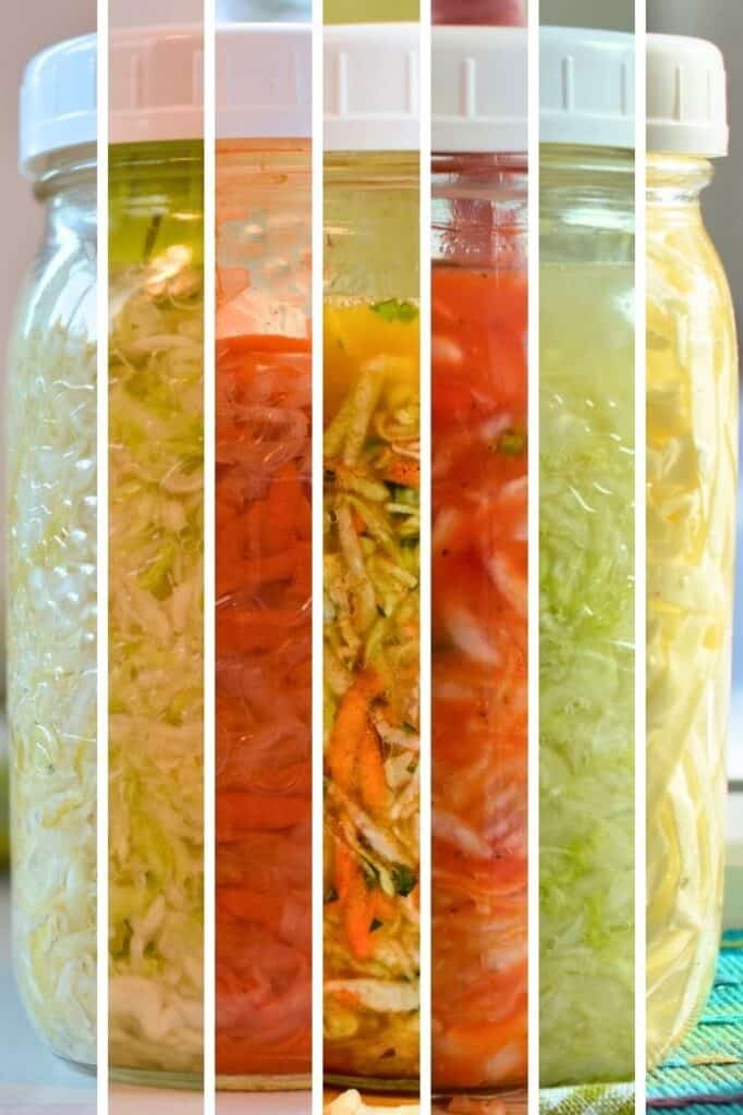 Pieces of jars with different kind of sauerkraut to make it loo like one jar. | makesauerkraut.com