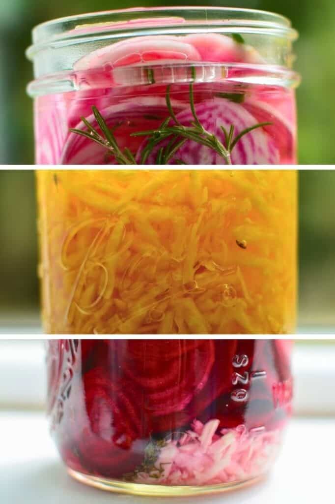 three jars plaed to look like one filled with beets | makesauerkraut.com