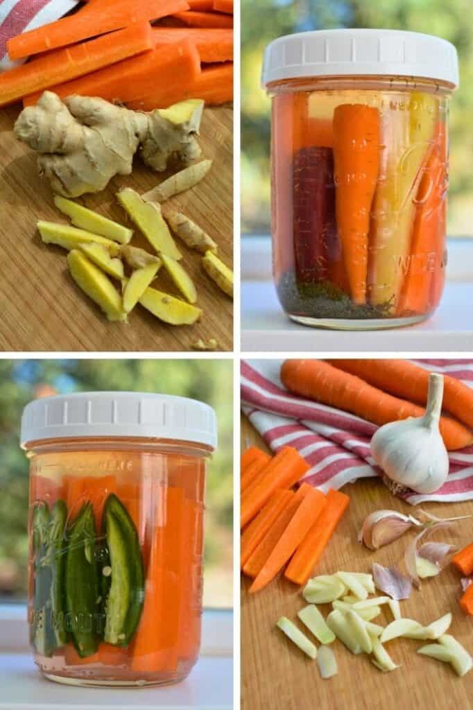 images of jars with carrot sticks and table with carrots and different vegetables | makesauerkraut.com