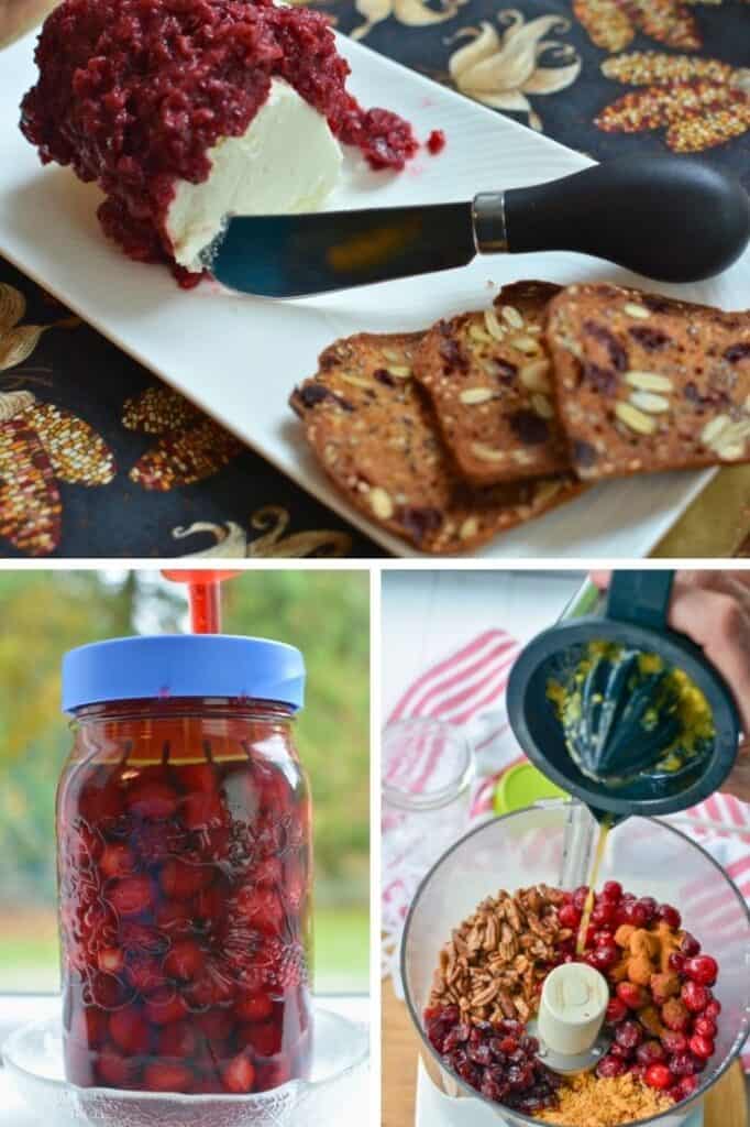 Three images with fermented cranberry recipes - in a jar, as a bread spread and in a blender. | makesauerkraut.com