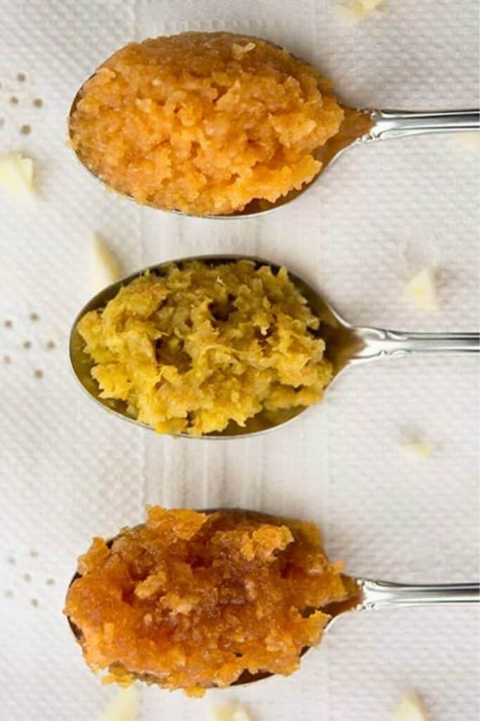 Three spoons of fermented pastes: garlic, garlic-ginger-onion, and honey garlic. | MakeSauerkraut.com
