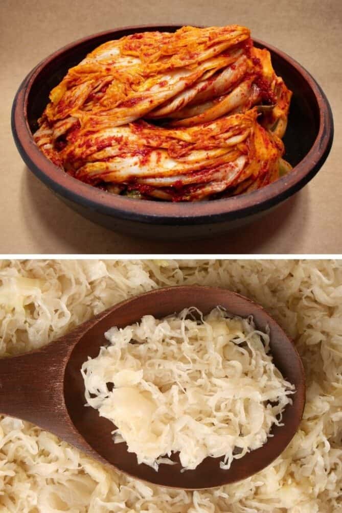 Serving of kimchi alongside a serving of sauerkraut. | MakeSauerkraut.com