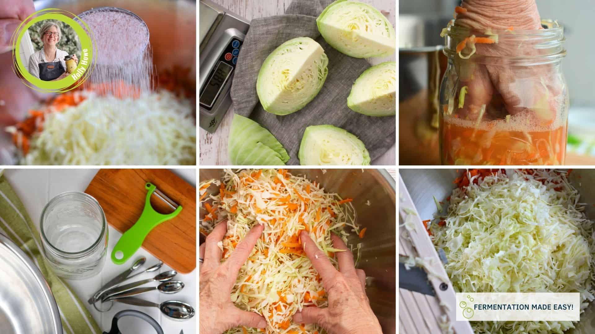 Grid of six images showing six step for making sauerkraut (equipment, slicking packing, etc.) | MakeSauerkraut.com