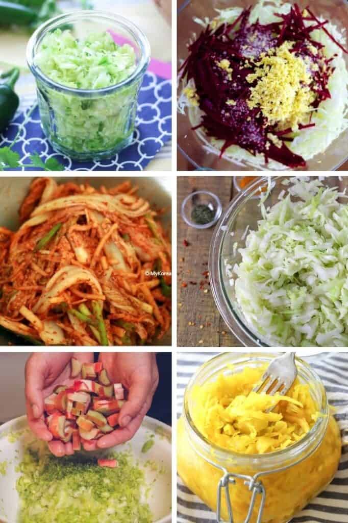 six sauerkraut images with different vegetables used | MakeSauerkraut.com