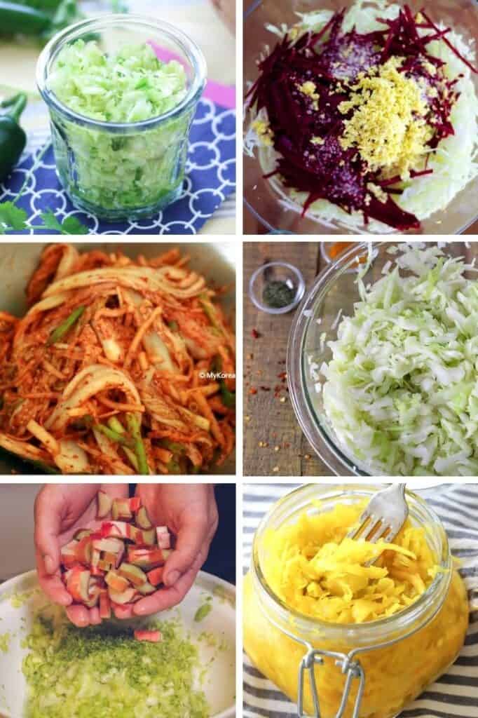 six sauerkraut images with different vegetables used | MakeSauerkraut.com