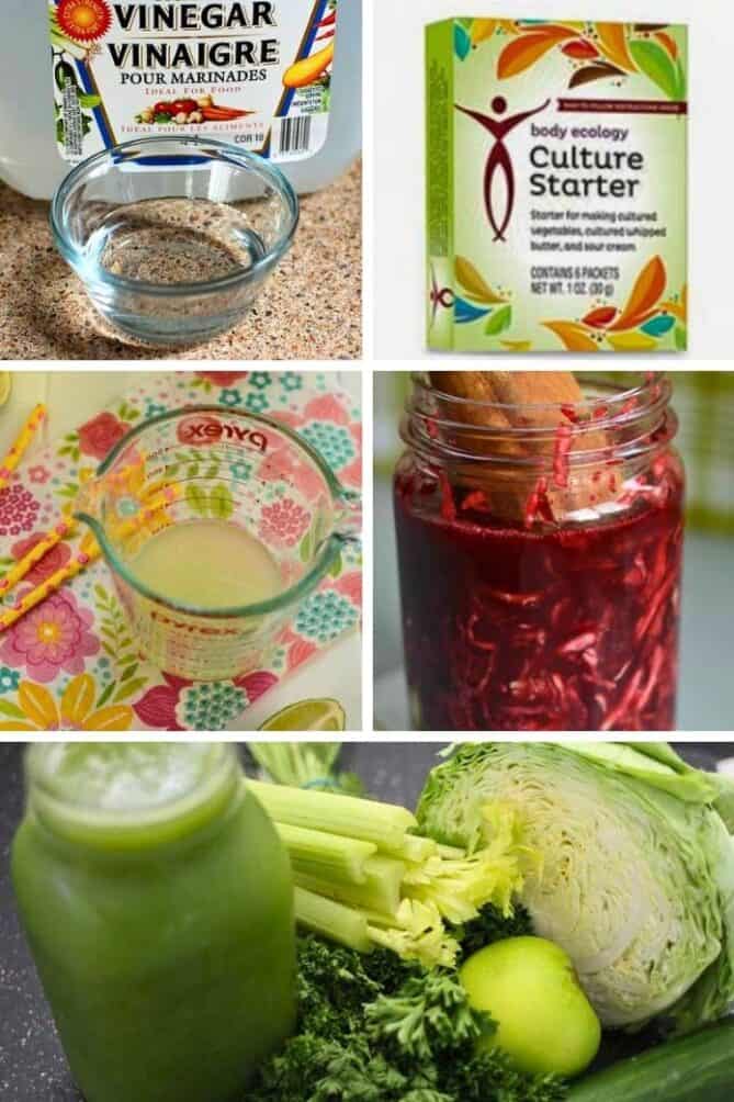 Image of vinegar, starter culture, brine, whey and celery juice.| makesauerkraut.com